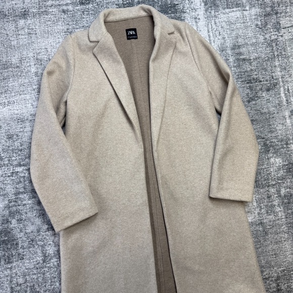 Zara Coat Womens Medium Beige Open Front Notch Lapel Collar Neutral Minimalist - Picture 2 of 15